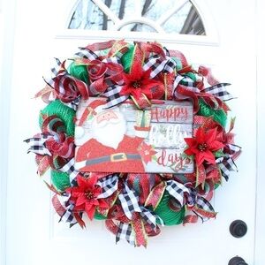 Poinsettia Buffalo Plaid Santa Christmas Wreath for Front Door